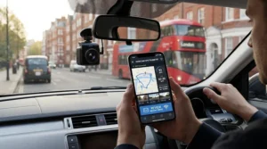 A driver using a smartphone app via WiFi to review telemetry data from a dash cam with GPS in London.