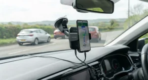 Suction cup wireless charging car phone holder attached to a vehicle windscreen