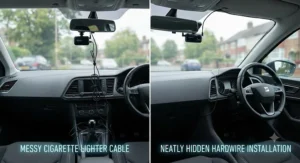 Comparison of messy cigarette lighter power cables versus neatly hidden hardwired dash cam wiring in a car cabin