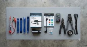 A flat-lay view of essential tools for hardwiring a dash cam, including a circuit tester, trim removal tools, and a fuse tap kit.