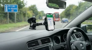 A universal smartphone mount fixed to the windscreen, holding a phone in portrait mode for sat-nav.