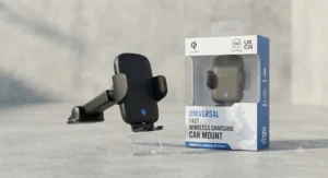 Universal fast wireless charging car mount displayed next to its retail packaging box ready for dispatch across the UK.