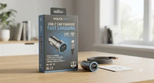Retail packaging showcasing a high-performance USB C car charger fast charging accessory