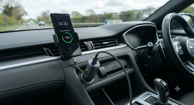 A sleek USB C car charger fast charging a smartphone plugged into a car dashboard