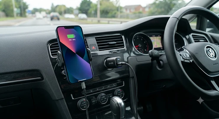 A sleek USB-C car charger plugged into a 12V socket inside a modern UK car dashboard, charging an iPhone.