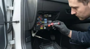 A close-up of a mechanic using a circuit tester to identify switched and permanent live fuses in a vehicle fuse box.