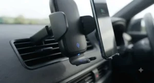 Subtle LED charging indicator light on a fast wireless charging car mount showing active power delivery.