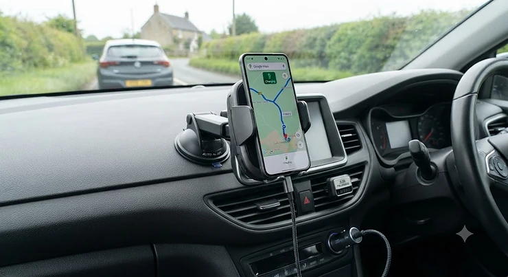Wireless charging phone mount car mounted on a vehicle dashboard