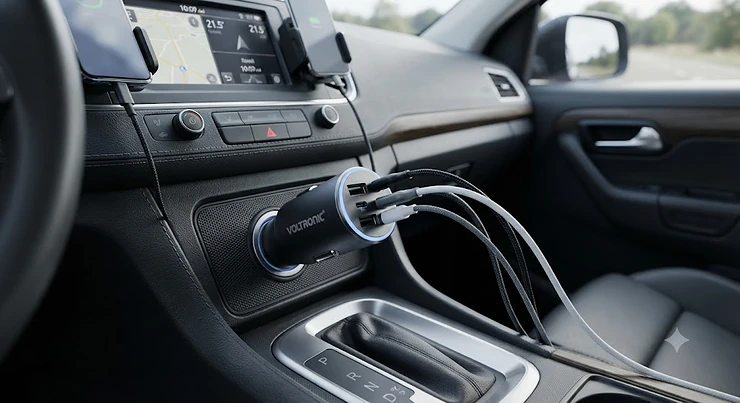 A sleek 4 port car charger plugged into a car's 12V socket on the dashboard, ready for multiple devices.