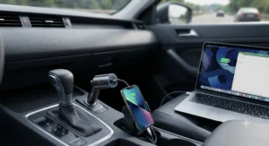 A high-output 65w car charger rapidly powering both a smartphone and a laptop on the road.