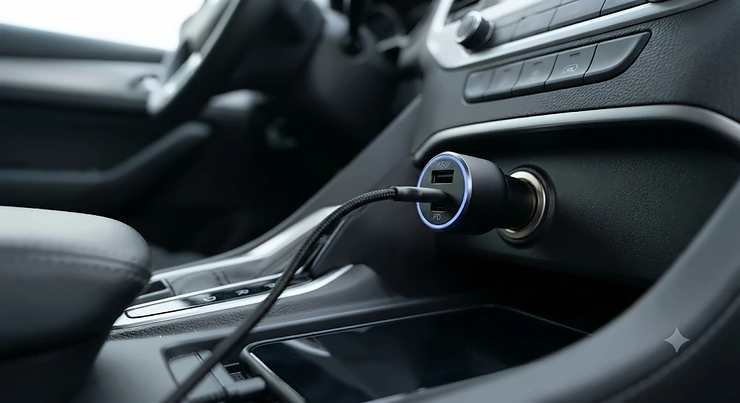 A sleek 65w car charger plugged securely into a vehicle's 12V socket, ready to power up devices.