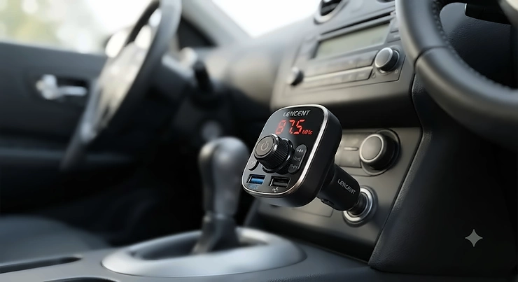 An affordable Bluetooth FM transmitter plugged into a car cigarette lighter socket, featuring a clear LED frequency display. bluetooth fm transmitters under £20