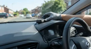 Installation of an aftermarket HUD speed display unit on a car dashboard