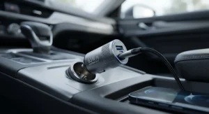 A durable aluminium alloy 65w car charger showing its premium metallic finish and heat dissipation design.