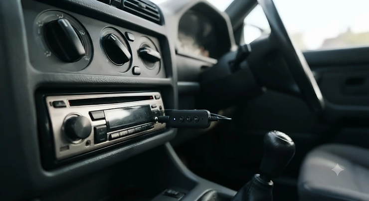 An aux bluetooth adapter plugged into the dashboard aux port of an older car for wireless audio streaming. aux bluetooth adapter for older cars