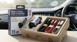 A reliable 4 port car charger packaged alongside charging cables for UK motorists.