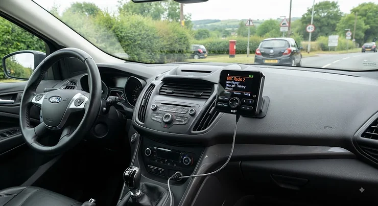 A sleek digital DAB radio adapter for car dashboards providing crystal clear audio.