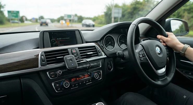 A sleek Bluetooth car adapter plugged into a vehicle's dashboard for clear hands-free calls while driving.