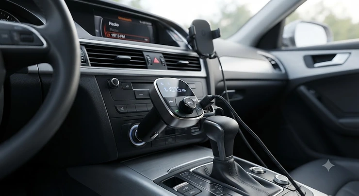 A bluetooth fm transmitter for car plugged into a 12V socket on a modern dashboard.