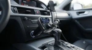 A bluetooth fm transmitter for car playing MP3 music from an inserted USB flash drive.