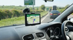 A compact car sat nav device mounted to a windscreen, showcasing an affordable navigation solution under £150 for British roads.