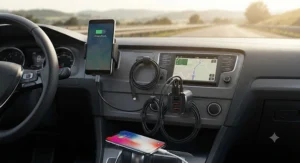 Compact four-port car charger simultaneously charging two smartphones during a road trip