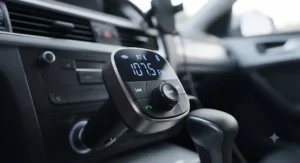 Digital screen on a bluetooth fm transmitter for car displaying the selected FM radio frequency.