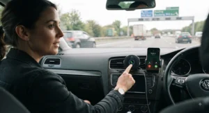 A driver pressing the answer button on a Bluetooth car adapter to take a hands-free call without distraction.