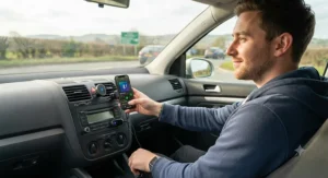 A British driver streaming music wirelessly from a smartphone through an aux bluetooth adapter in their vehicle.
