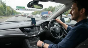 A driver safely using a Bluetooth car adapter for hands-free calls on a busy British motorway.