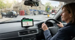 Person driving a car in a British town using a reliable sat nav for roads to navigate junctions.