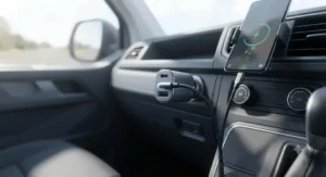 Dual-port fast charging car adapter connected to a smartphone via a braided USB-C cable inside a car interior.
