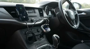 A budget Bluetooth FM transmitter with dual USB charging ports powering a smartphone inside a British car dashboard.