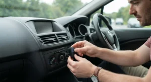 A person easily installing a compact Bluetooth car adapter into their vehicle for immediate hands-free calling functionality.