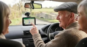 An elderly driver confidently using a simple, user-friendly sat nav interface, illustrating an accessible GPS unit priced under £150.