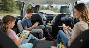 Family passengers in the back seats using extension cables plugged into a 4 port car charger.