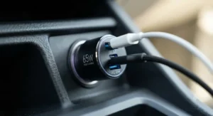 Close-up of a compact 65w car charger featuring dual USB ports for simultaneous fast charging.