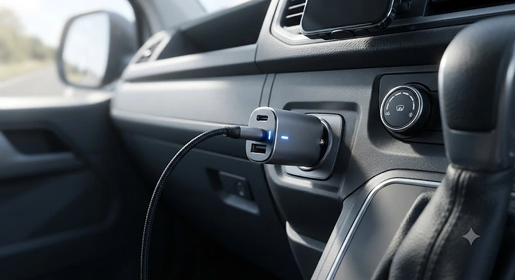 A sleek fast charging car adapter plugged into a modern car dashboard socket, illuminating a power indicator light.