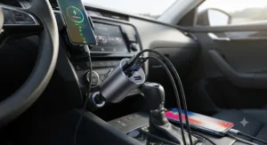 Fast-charging multi-port USB car adapter featuring a digital LED voltage display