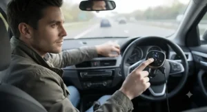 Driver using hands-free calling controls on a bluetooth fm transmitter for car while driving.