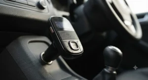 Close-up of a cheap hands-free Bluetooth FM transmitter showing the built-in microphone and call answer button for safe driving.