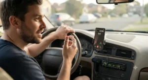 Making a hands-free phone call using a dashboard-mounted aux bluetooth adapter in an older car.