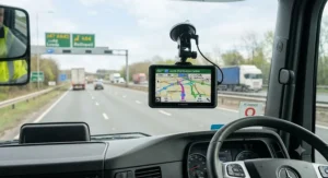 Heavy goods vehicle satellite navigation device mounted securely on the windscreen of a commercial truck
