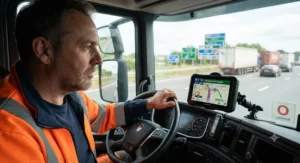 An HGV driver checking a dedicated sat nav system designed specifically for lorry drivers in the UK