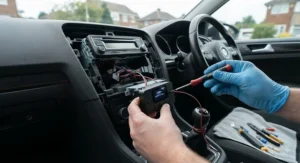 Close-up view of installing a DAB radio adapter in a car to upgrade vehicle audio.