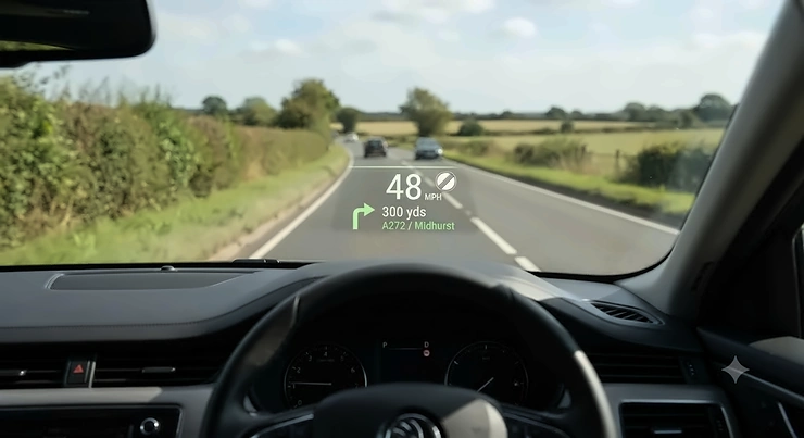 A clear HUD speed display projected onto a car windscreen for safer driving, HUD speed display for car