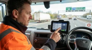 A lorry driver inputting vehicle height, width, and weight dimensions into a specialized truck sat nav