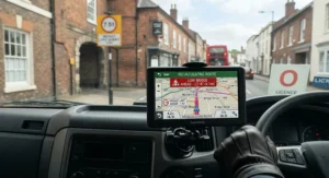 Close-up of a lorry sat nav screen showing vehicle weight and height restriction alerts for a UK town centre