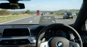 Modern vehicle interior featuring a built-in HUD speed display on the windscreen