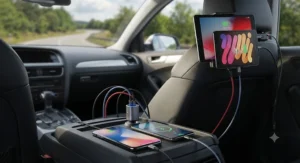 Smartphones and tablets simultaneously charging using a compact 4 port car charger on a road trip.